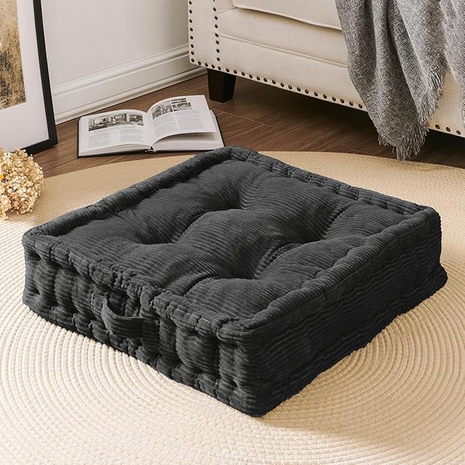 Wellsin Square Floor Pillows for Adults Kids - Meditation Floor Pillow Seating Cushion - Tufted Floor Cushion with Shredded Foam & Velvet Cover, 2 Pack, 20x20 Inch, Gray