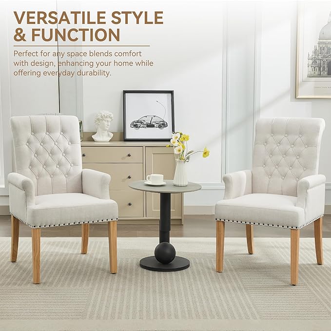Fabric Dining Chair with Arms, Upholstered Tufted High Back Dining Room Chairs, Accent Armchair with Solid Wood Leg and Nailhead Trim, Kitchen Dining Living Room, Beige