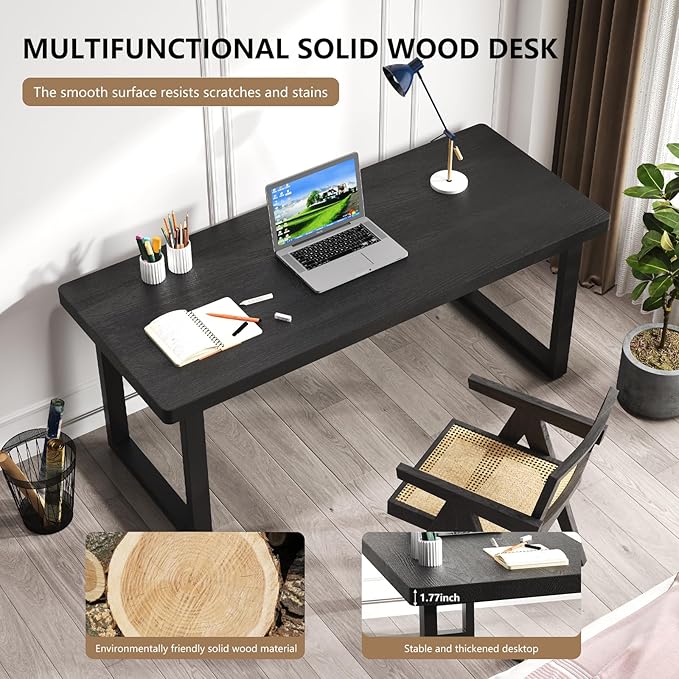 62.99in Solid Wood Computer Desk with Sturdy Metal Base - Stylish & Durable Black Office/Study Desk | Multiple Sizes for Home Office Workspace & Study Area