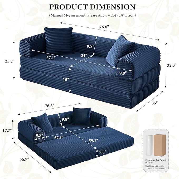 Chorlenimi Boneless Couch Futon Sofa Bed Sectional Couches for Living Room,Cloud Couch with Sleeper Sofa,Sofas for Living Room Oversized Corduroy Upholstered (Blue, 76 Inches (No Iron Frame))
