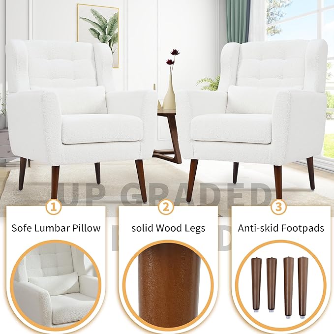QKFF Modern Accent Chair, Upholstered Armchair with Pillow, Teddy Single Sofa Chair with Lounge Seat and Wood Legs Accent Chair for Living Room Bedroom Small Spaces