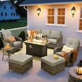 ovios 7 Pieces Patio Furniture Set, Outdoor Wicker Sofa Couch with Rocking Swivel Chairs Fire Pit Table, Modern Deep Seat Rattan Conversation Sets for Deck Porch, Dark Grey