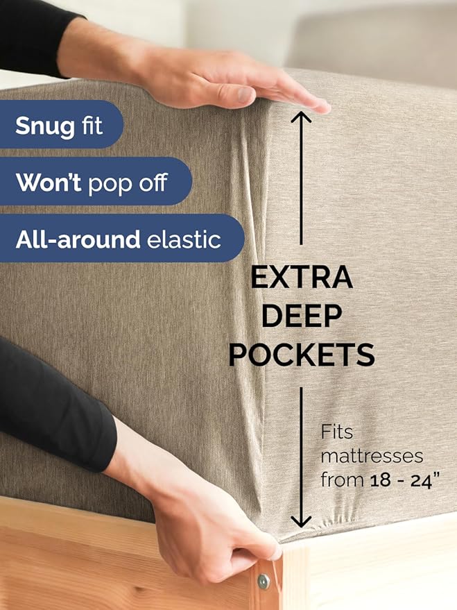 Extra Deep Pocket Queen Sheet Set - 4 Piece Breathable & Cooling Bed Sheets - Hotel Luxury Sheet Set - Soft, Wrinkle Free and Comfy - Fits Extra Deep Mattresses - Deep Pocket Heathered Beige Sheets
