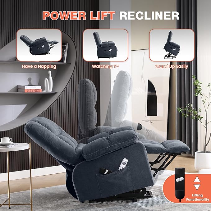 Power Lift Recliner Chair for Elderly with Vibration Massage and Lumbar Heating, Electric Lift Recliner Single Sofa with Side Pocket and USB Charge Port for Living Room