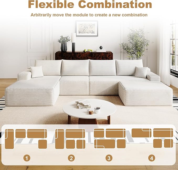 AUGOP 136" Sectional Couches for Living Room Modern Modular Sofa with L-Shape Couchs Upholstered Boneless Couch Deep Seat Sectional Couch with Chaise (White, Left Facing Chaise+3Seaters+Ottoman)
