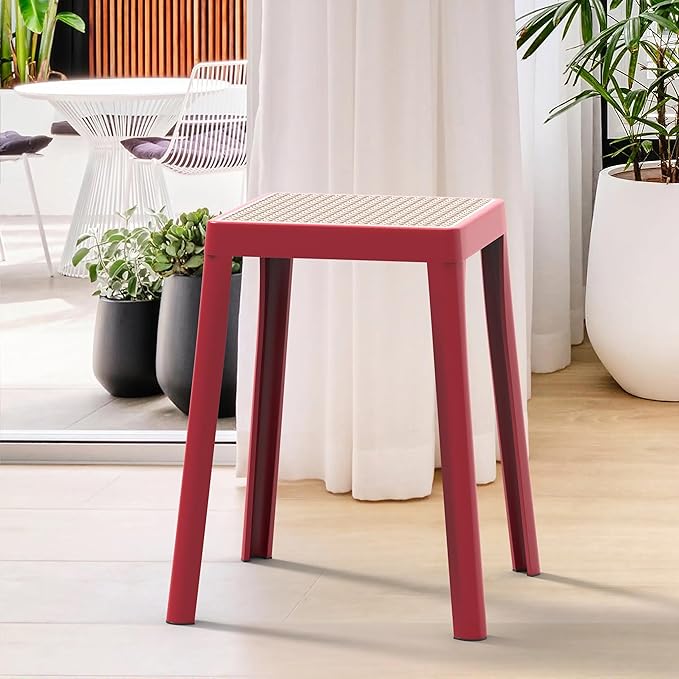 LeisureMod Tresse Mid-Century Modern Square Plastic Dining Stool Set of 2, Stackable Accent Stools with Breathable Seat, Lightweight Seating for Kitchen, Dining Room, Bedroom, or Entryway (Pink)