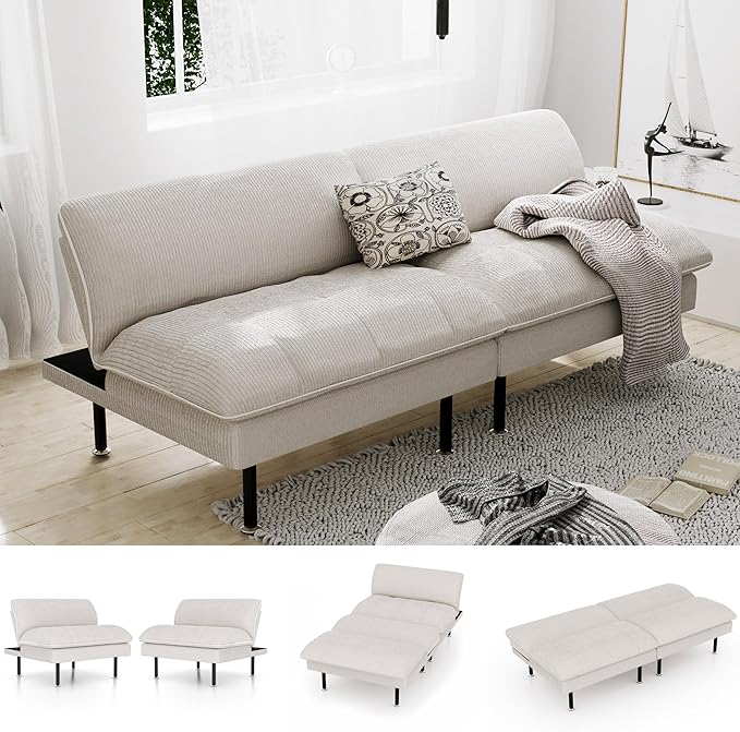 70" Futon Sofa Bed, 4 in 1 Multi-Function Couch Sleeper with Adjustable Backrest, Modern Convertible Futon, Recliner Small Loveseat for Living Room, Dorm, Beige