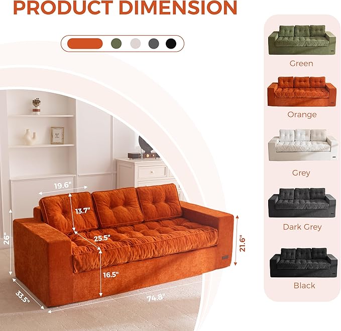 MAXYOYO Boneless Sofa Couch, Loveseat Sofa for Small Space, Tufted 3-Seater Floor Couch Bean Bag Chair for Living Room Bedroom Apartment, Sofa in a Box, No Assembly Needed, Orange