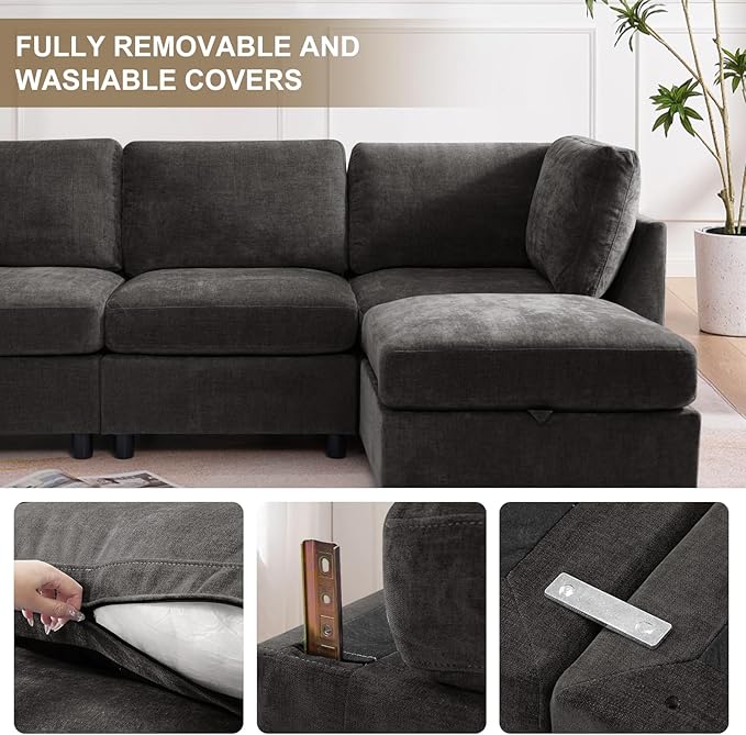 EDILLY 122 inches Oversized Modular Sectional Fabric Cloud Sofa Set, Extra Large L Shaped Couch Reversible Chaise Couch,4 Seat Modular Sofa, Grey