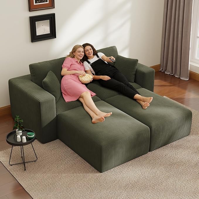79" Modular Sectional Sofa, Cloud Couch Loveseat Memory Foam Boneless Couch with Chaise, Cozy Upholstered Corduroy Floor Couch, No Assembly Required Living Room Furniture for House Home, Green