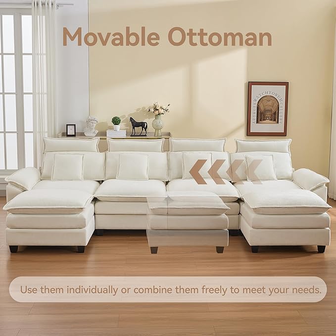 134'' Cloud Modern 4 Seater Couch with Detachable Headrest, Modular Sectional Sofa with 2 Ottoman, Oversized U Shape Chenille Comfy Sofa with Armrests for Living Room, Beige