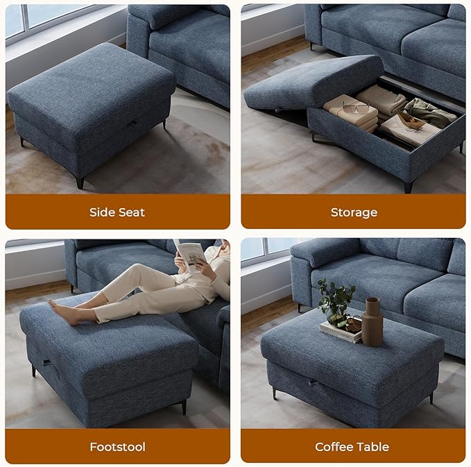 Upvilla 35" Large Storage Ottoman for Living Room, 7.8" Deep Seat Rectangular Ottoman Foot Rest for Couch, Chenille Storage Footstool Load 350 lb （Blue）