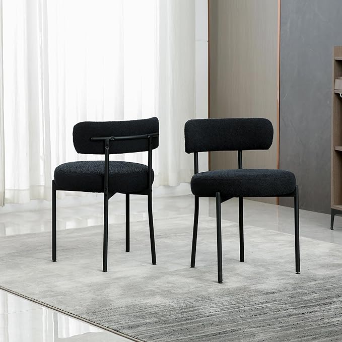 DYHOME Black Boucle Dining Chairs Set of 2, Mid Century Modern Kitchen Chairs with Curved Backrest and Metal Legs, Upholstered Dining Room Chairs