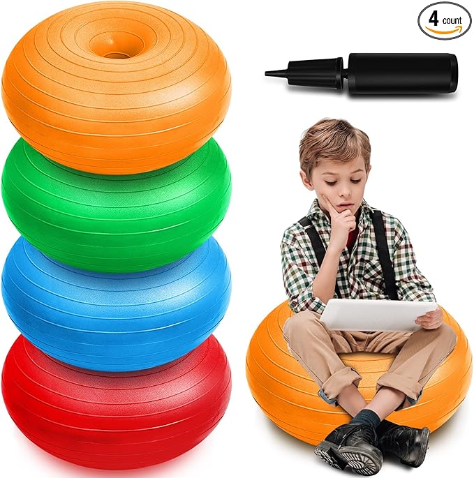 Lewtemi 4 Pcs Flexible Seating for Classroom Elementary 20 Inch Yoga Ball Chair Inflatable Donut Ball Chair with Inflator for Kids Student Sensory Balance Office Exercise