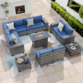 13 Piece Patio Furniture Set with Fire Pit Table, Outdoor Conversation Sets Grey Wicker Rattan Sectional Sofa, 4'' Thickened Cushion Navy Blue (Include Waterproof Cover)