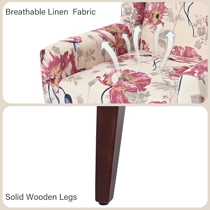 DREAMSIDEA Accent Chairs, Modern Linen Blend Arm Chair for Living Room, Bedroom, Comfy High-Resilient Sponge Reading Chair for Small Spaces (Pattern Pink Floral, Set of 2)