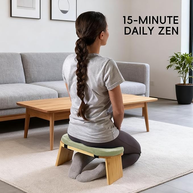 Natural Beech Wood Yoga Bench, Ergonomic Design for Kneeling, Meditation, Pilates, FSC Certified (Green)