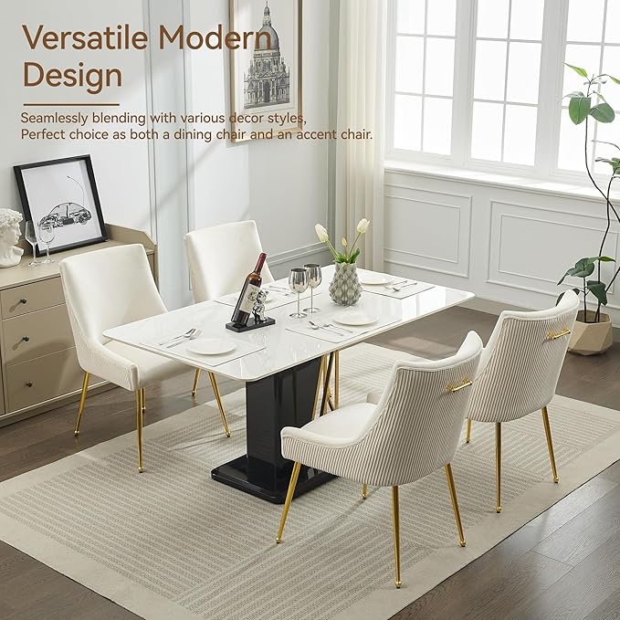 WUTUTUEE Velvet Dining Chairs Set of 2 Gold Legs,Upholstered Velvet Accent Chairs, Pleated Back Design & Gold Pull Handle, Mid Century Modern Chairs for Dining/Kitchen/Living Room,Beige