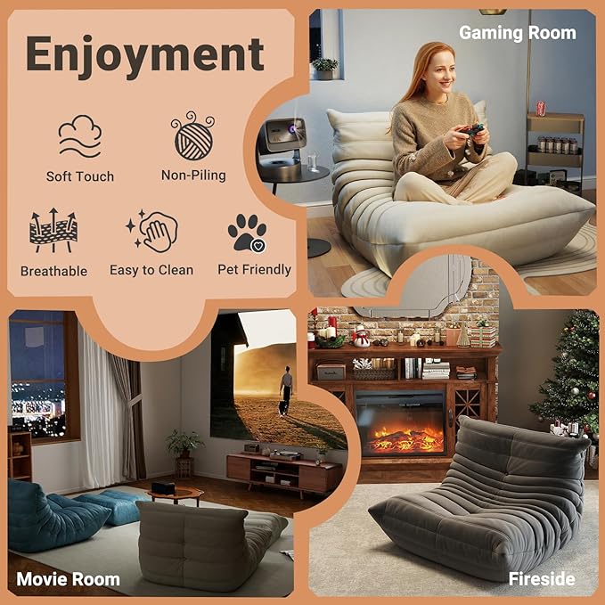 Bean Bag Chairs for Adults - Comfy High-Density Foam Fireside Chair, Adult Size, Soft Dutch Velvet Cover Beanbag Couch, Versatile for Living Room, Bedroom, Dorm, Reading & Gaming (Grey)