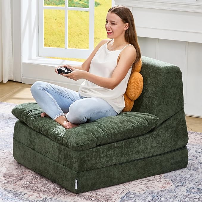 Hobestluk Sofa Couch Folding Sofa Bed Comfy Floor Lounger Convertible Sofa with Removable Cushion Couches for Small Spaces Foldable Mattress for Living Room Bedroom or Office (Chenille Green, Large)