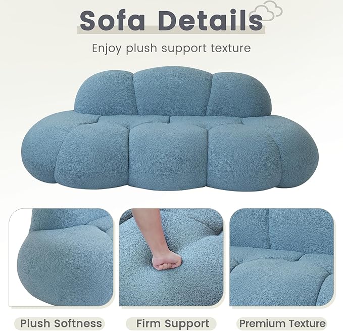 WJShome 90" Boucle Sofa, Modern Curved Upholstered Cloud Couch, Deep Seat LoveSeat 3 Seater Sofa, Cozy Modern Boneless Sherpa Fleece Couches for Living Room, Bedroom, Apartment (Blue)