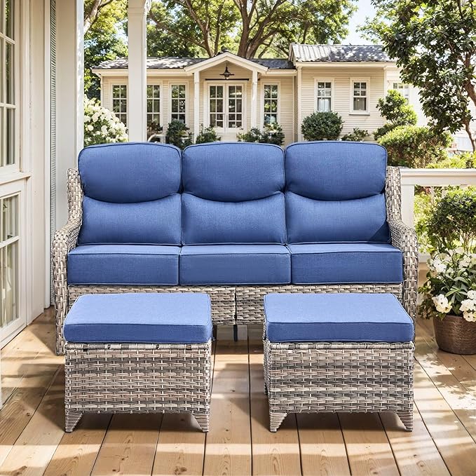 HUMMUH 10 Pieces Outdoor Furniture Set with Fire Pit 6-inch Cushions High Back Patio Furniture Set Wicker Swivel Rocker Chairs Sofa for Porch,Deck,Backyard