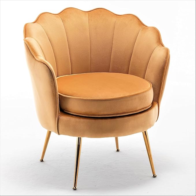 Container Furniture Direct Velvet Barrel Accent Chair with Scalloped Silhouette and Gold Metal Legs, Decorative Piece Suitable for Traditional, Modern, and Contemporary Spaces, Mustard Yellow