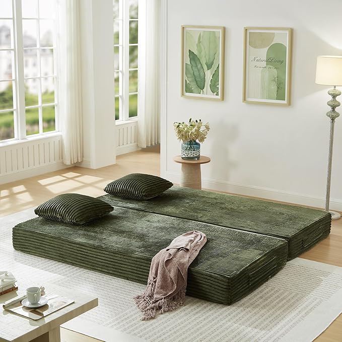 Modular Couch Bed, Convertible Folding Plush Corduroy Comfy Floor Memory Foam Compression Loveseat Sleeper Sofa Couch, King Size Bed for Guest Room Living Room Bedroom, No Assembly Required, Green