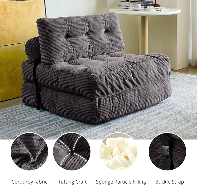 Convertible Sofa Bed & Couch Bed - Oversized Adult Sleeper Chair & Bean Bag Chair, Foldable Floor Bed with Backrest, Comfortable Lazy Sofa for Bedroom, Living Room & Dorm (Dark Gray, Single)