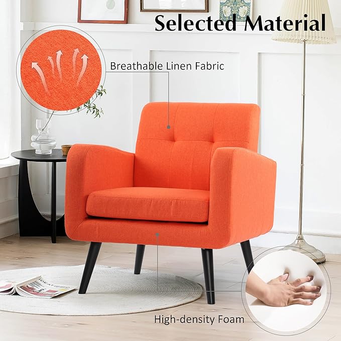 LSSPAID Accent Chairs Set of 2, Modern Orange Linen Fabric Living Room Chairs, Comfy Upholstered Armchairs Single Sofa Chair with Solid Wood Legs for Apartment, Reading, Office