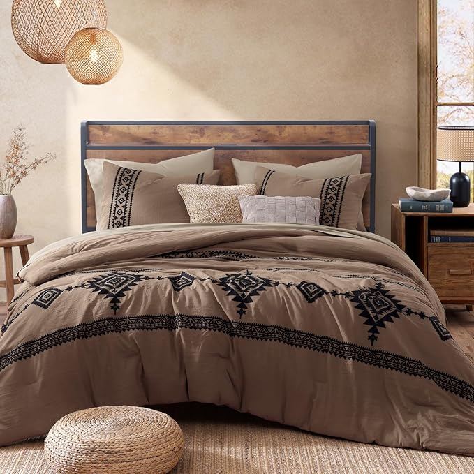 MaiRêve Embroidery Comforter Set, Boho Farmhouse Western Bedding Set, All Season Bed in A Bag Comforter Set with Sheets, Pillowcases & Shams, Brown Queen 7 Pieces