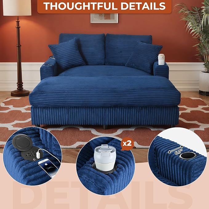 65" Oversized Chaise Lounge Chair Indoor, Upholstered Sofa Bed with Pillows & 2 Cup Holders, Sleeper Couch Comfy Corduroy Recliner Chair for Living Room, Movie Room, Bedroom, Blue