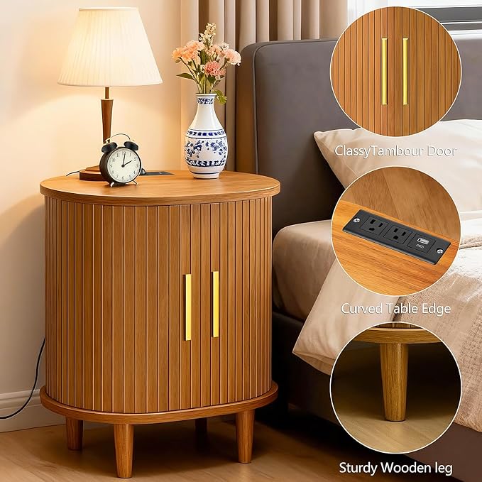 DHH Mid Century Modern Nightstand Set of 2 with Charging Station,Fluted Accent Side Table with Sliding Door & Adjustable Shelf,End Table for Small Space, Living Room, Bedroom,Sofa Couch,Yellow Walnut