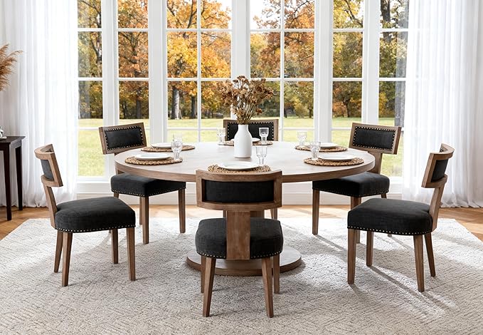 RIVOVA Mid Century Modern Dining Chairs Set of 4 Linen Fabric Upholstered Kitchen Side Chairs with Nailhead Trim, Modern Kitchen Armless Solid Wood Dining Chairs, Charcoal