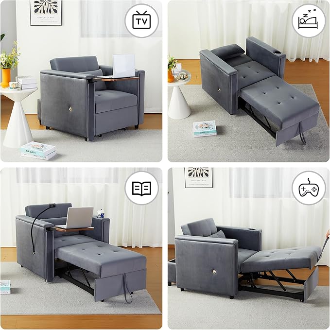 ORRD Convertible Chair Bed, 3-in-1 Multi-Functional Velvet Sleeper Sofa Pull-Out Couch Chair Bed with Adjustable Backrest and Hidden Side Table for Living Room, Small Space, Apartment (Grey)