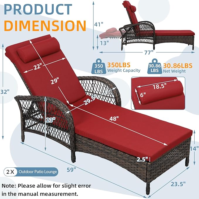 WINGTU Outdoor Chaise Lounge Chair Set of 2, PE Wicker Recliner Patio Reclining Sunbathing Chair with Cushion, 6-Position Patio Lounge Chair with Adjustable High Backrest, Armrest & Pillow, Red