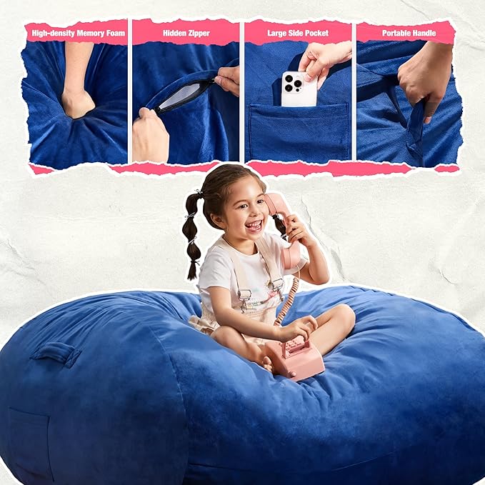 Hobestluk 3FT Bean Bag Chair Large Beanbag with Removable Cover Adult Bean Bag Chair with Portable Handle Desgin for Living Room Bedroom (Blue, 3FT)