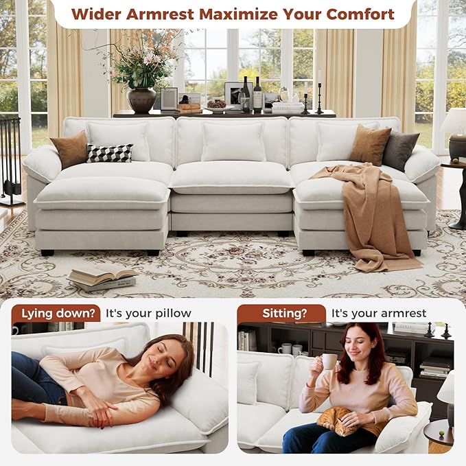 CDCASA 120" Oversized Modular Sectional Sofa, Comfy U-Shaped Cloud Couch w/ 2 Movable Ottoman, 5-Seater Velvet Deep Seat Modern Sofa Couch for Living Room, DIY Combination, Beige