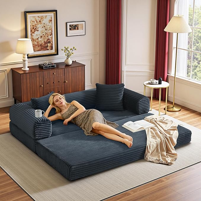Chorlenimi Boneless Couch Futon Sofa Bed Sectional Couches for Living Room,Cloud Couch with Sleeper Sofa,Sofas for Living Room Oversized Corduroy Upholstered (Gray, 76 Inches (No Iron Frame))