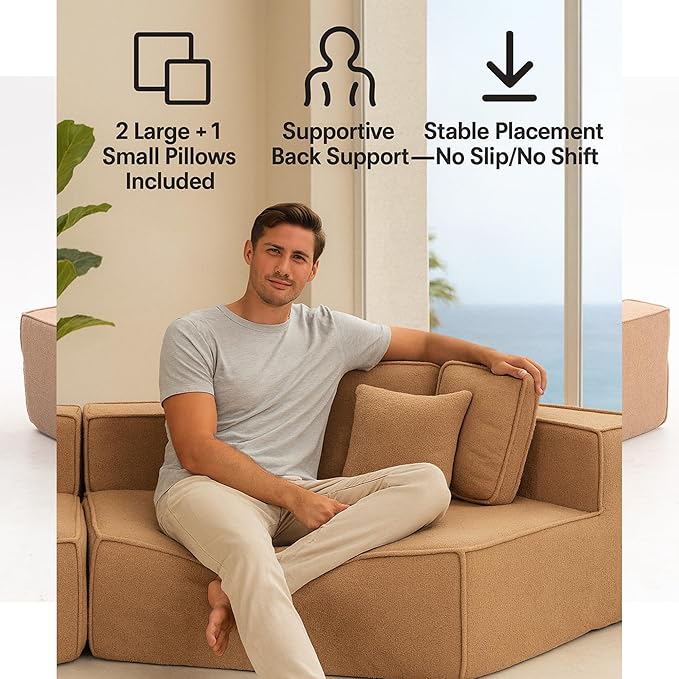 KEIKI 132" Extra Wide Teddy Modular Sectional Sofa All Foam Cushion Deep Support Cozy Theater Room Couch for Streaming Gaming Media Room Family Entertainment Comfortable Seating