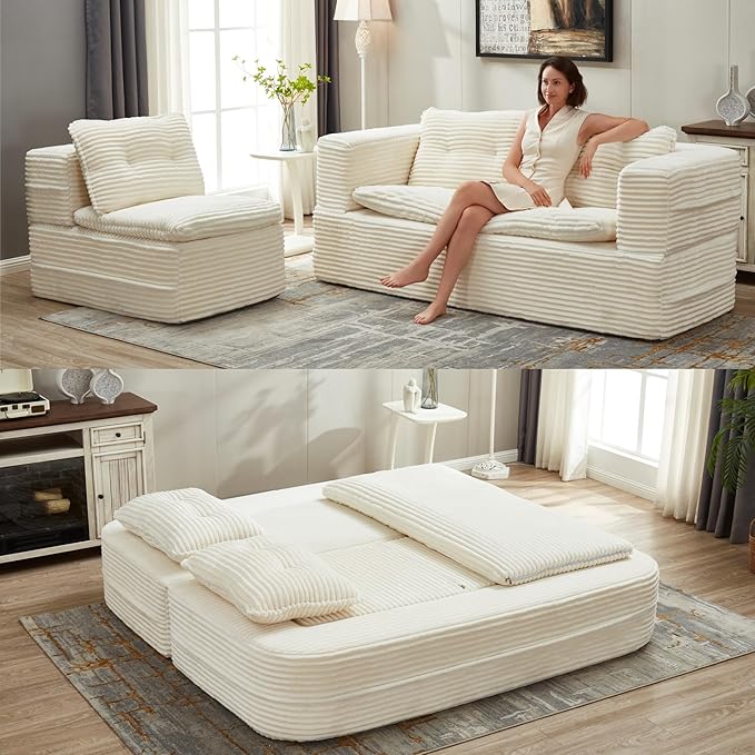 80" Foldable Floor Couch, 3-Seat Convertible Sleeper Sofa with Chaise Lounge, Blanket and 3 Soft Pillows, Corduroy Fabric, for Living Room, Bedroom, Apartment, No Assembly Required, Beige