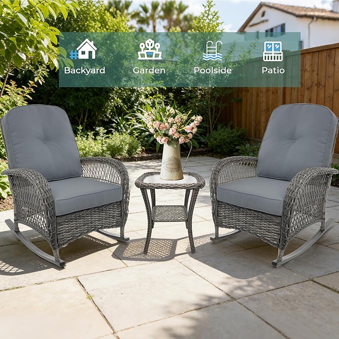 Sgentle Wicker Rocking Chair Set of 2, 3-Piece Outdoor Patio Rocker Chair with Cushions & Steel Frame, All-Weather Outdoor Rattan Rocking Chair with Side Table for Lawn Porch Garden (Grey, Style 3)