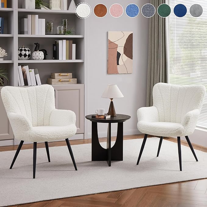 Yaheetech Boucle Accent Chair, Modern Fuzzy Sherpa Armchair, Upholstered Vanity Chair with High Back and Mental Legs for Living Room Makeup Bedroom, Ivory, Set of 2
