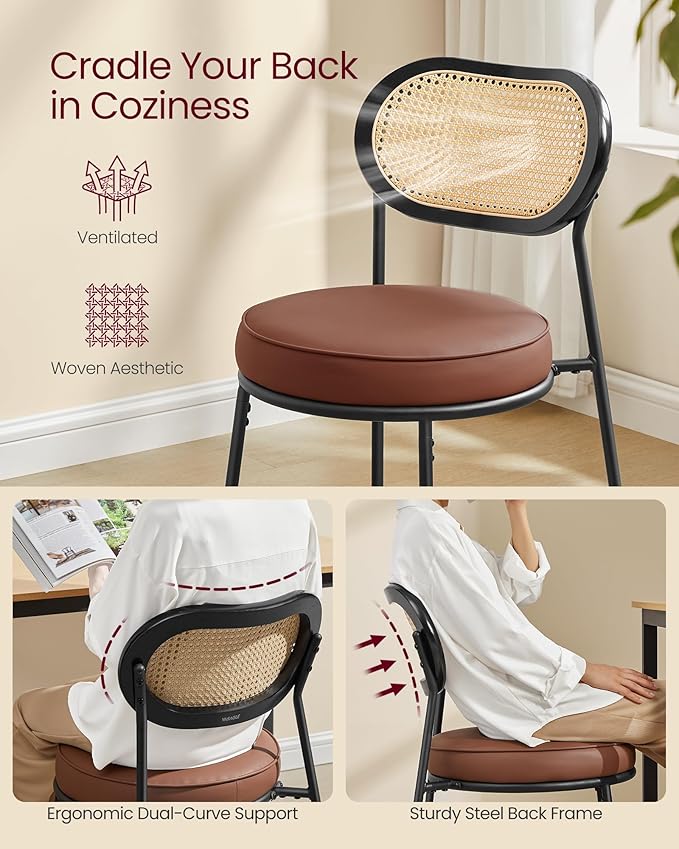VASAGLE Dining Chairs, Set of 6 Accent Chair for Dining Room Kitchen, with Boho PE Rattan Back, Synthetic Leather Upholstery, Coffee Brown ULDC160K26