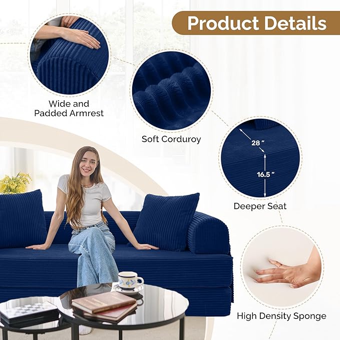 Convertible Corduroy Sleeper Sofa Bed with Cylindrical Pillow, Folding Mattress Couch with Fixed-Shape Frame, Floor Sofa Lounge Couch for Living Room Bedroom Lounge Studio, Blue