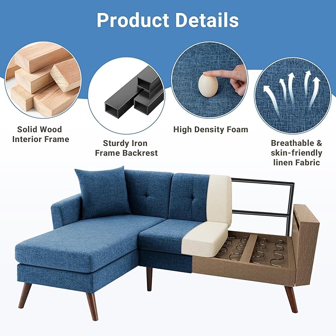 Tbfit L Shaped Couch Sofa, 80" W Mid-Century Modern Sectional Couches, 3 Seater Sofas with Wide Chaise Lounge, Button Tufted Upholstered Sectional Sofa for Living Room, Bedroom, Blue | linen fabric, button tufted, solid wood foot, pocket spring, wood s...