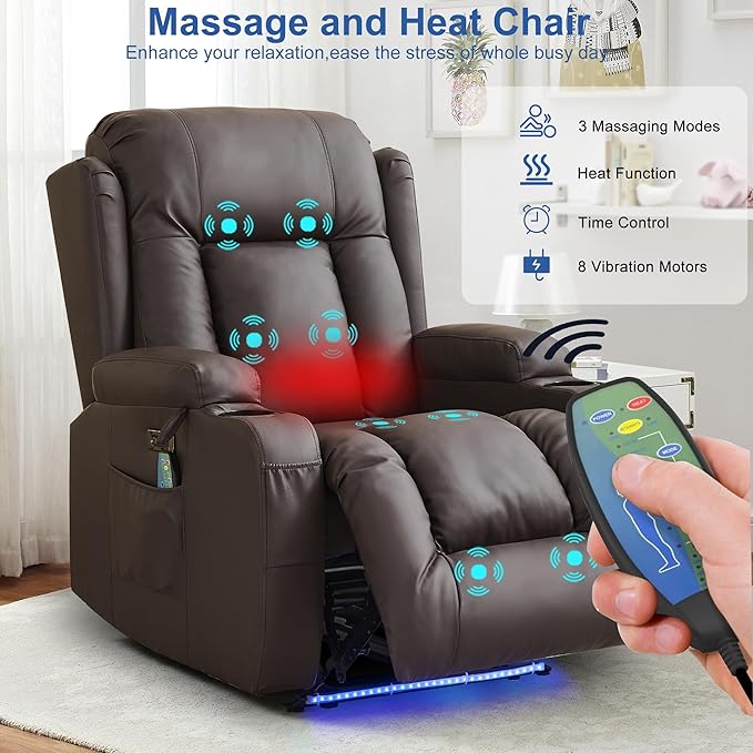 URRED Recliner Chair with Massage and Heat, Power Reclining Sofa Chair Home Theater Seating with LED Ambient Light, USB Ports, Cup Holders, Side Pockets, Faux Leather, Dark Brown