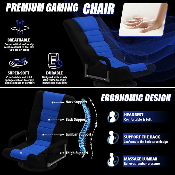 ACIPENSER Swivel Gaming Chair Multipurpose 2PACK Floor Gaming Chair for Playing Video Games, TV, Reading w/Armrest Lumbar Support & 6 Adjustable Postion Backrest for Adults & Kids,Blue