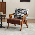 Mid-Century Modern Accent Chair with Solid Wood Frame，Upholstered Leather Living Room Arm Chairs with Pillow for Bedroom, Living Room, Balcony， Reading Room, Brown
