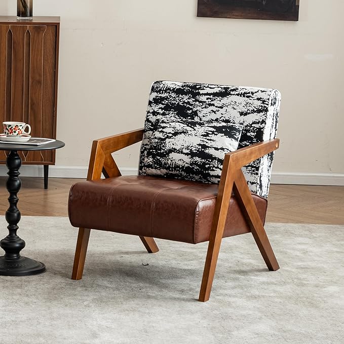 Mid-Century Modern Accent Chair with Solid Wood Frame，Upholstered Leather Living Room Arm Chairs with Pillow for Bedroom, Living Room, Balcony， Reading Room, Brown